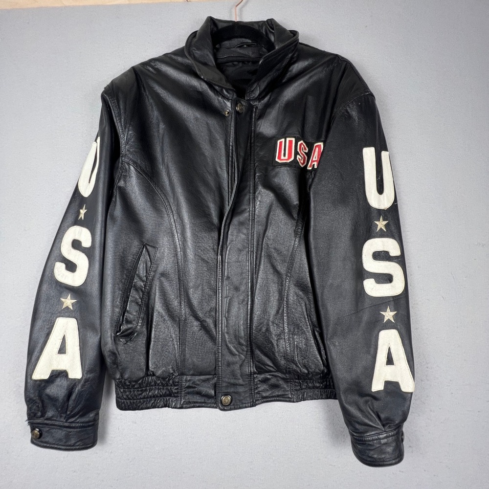 Leather Bomber Jacket Mens L Black USA Eagle Patriotic Biker Vintage Rocker - Picture 12 of 16
